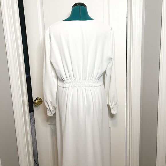 Zara Midi V Neck Button Down Front Smocked Polyester Textured Long Sleeve Dress - Picture 13 of 15